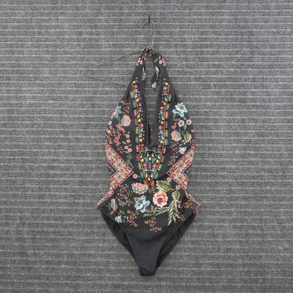 Johnny Was One Piece Swimsuit Women M Black Floral Embroidered Halter Boho